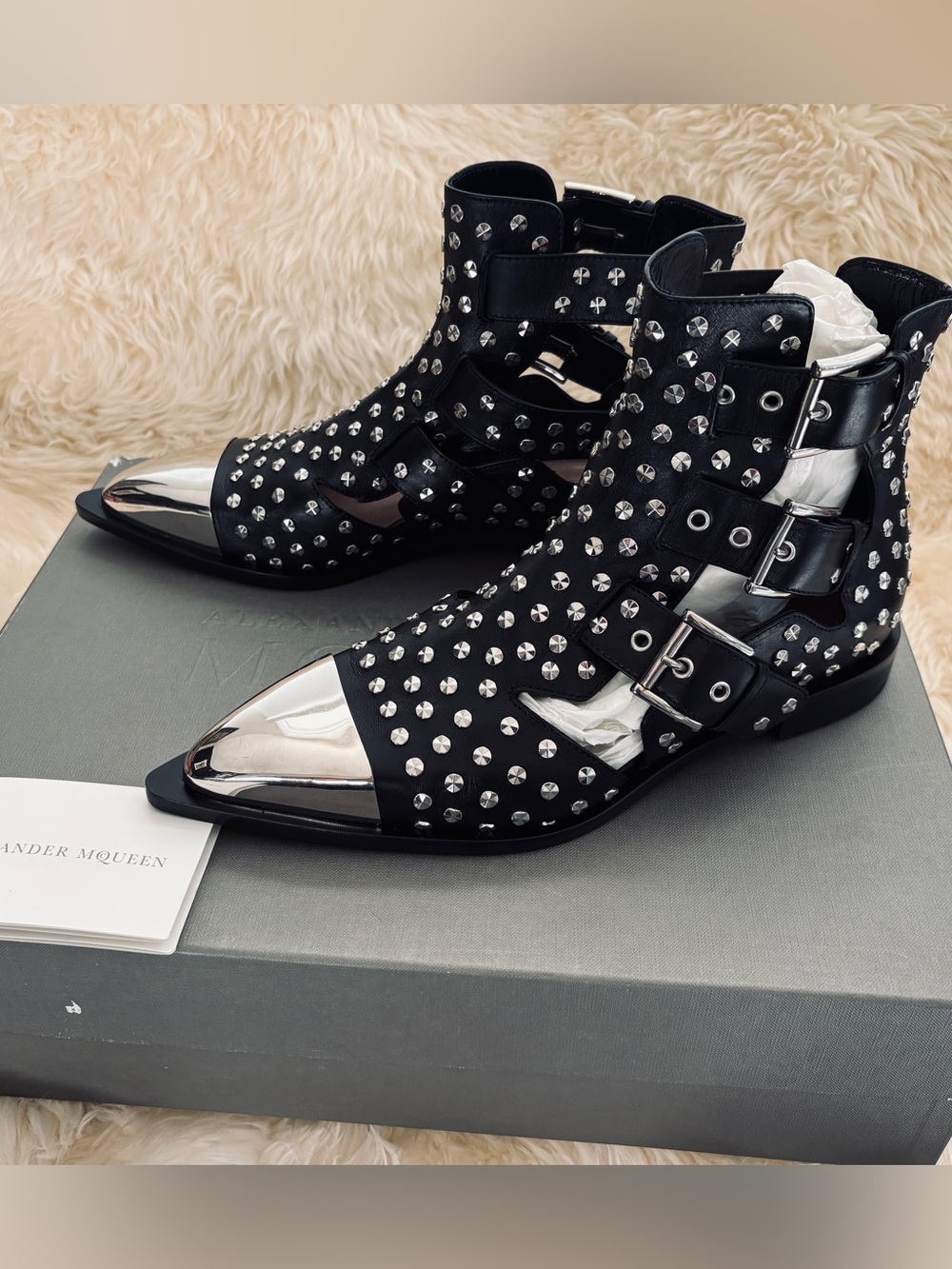 NWT Alexander McQueen Black Studded Cutout Ankle Boots with Silver Toe